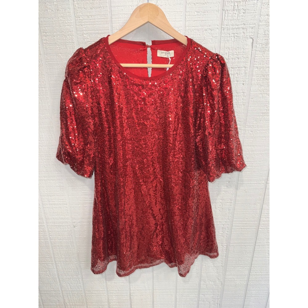 Umgee Sequin Top/Tunic Dress Women Red Puff Sleeve Babydoll Holiday Blouse NWT M